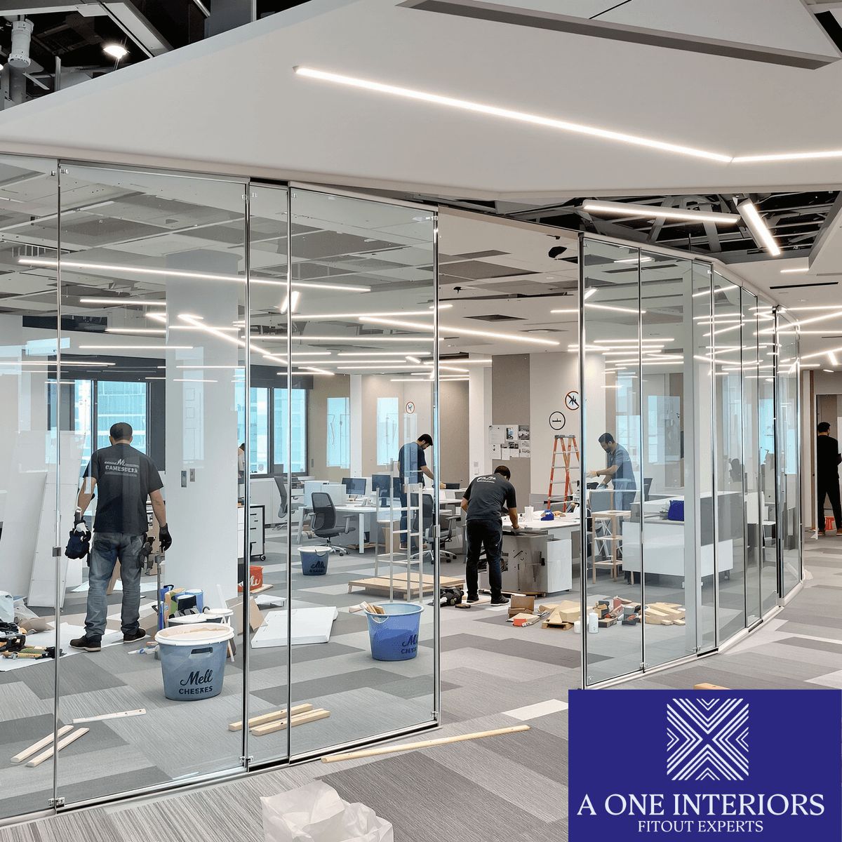 Workers installing partitions and lighting in a modern office under construction with sleek, professional design in a contemporary commercial space.